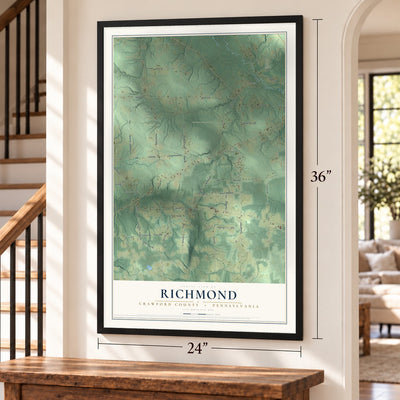 Richmond, Crawford County, Pennsylvania map, 24 x 36 inch print in a black frame by a staircase