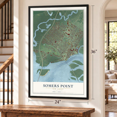 Somers Point, New Jersey map, 24 x 36 inch print in a black frame by a staircase