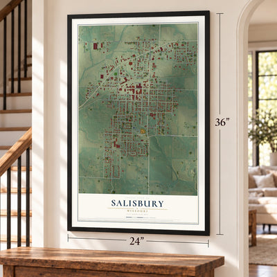 Salisbury, Missouri map, 24 x 36 inch print in a black frame by a staircase