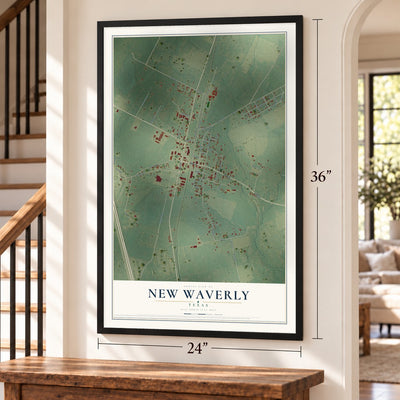 New Waverly, Texas map, 24 x 36 inch print in a black frame by a staircase