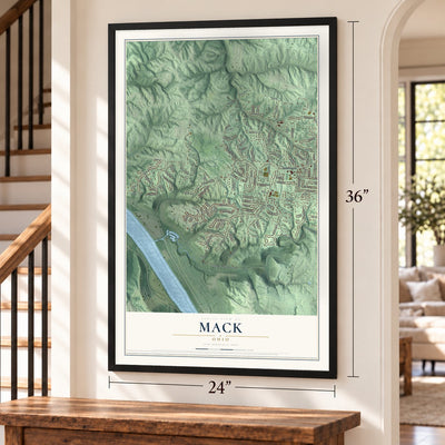 Mack, Ohio map, 24 x 36 inch print in a black frame by a staircase