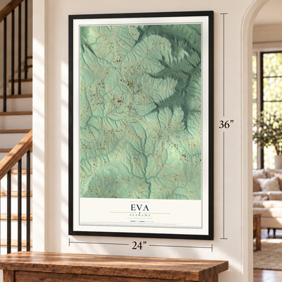 Eva, Alabama map, 24 x 36 inch print in a black frame by a staircase