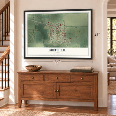 Sheffield, Illinois map, 24 x 36 inch print in a black frame above a dresser by a staircase