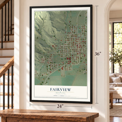 Fairview, Montana map, 24 x 36 inch print in a black frame by a staircase