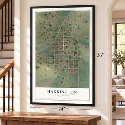 Harrington, Washington map, 24 x 36 inch print in a black frame by a staircase