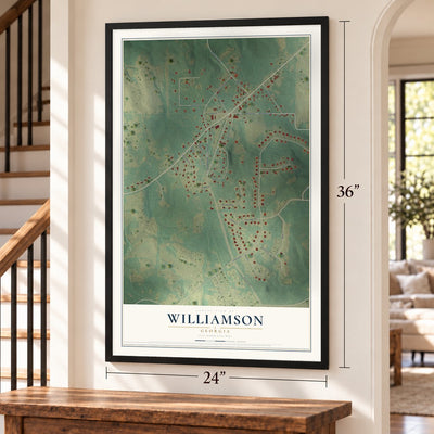 Williamson, Georgia map, 24 x 36 inch print in a black frame by a staircase