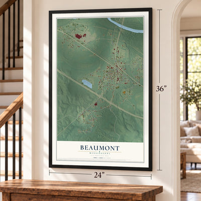 Beaumont, Mississippi map, 24 x 36 inch print in a black frame by a staircase