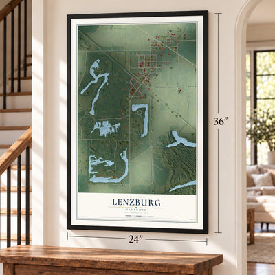 Lenzburg, Illinois map, 24 x 36 inch print in a black frame by a staircase
