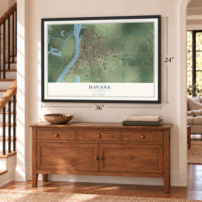 Havana, Illinois map, 24 x 36 inch print in a black frame above a dresser by a staircase