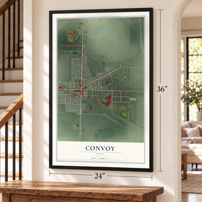 Convoy, Ohio map, 24 x 36 inch print in a black frame by a staircase