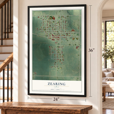 Zearing, Iowa map, 24 x 36 inch print in a black frame by a staircase
