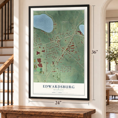 Edwardsburg, Michigan map, 24 x 36 inch print in a black frame by a staircase