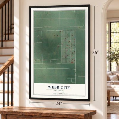 Webb City, Oklahoma map, 24 x 36 inch print in a black frame by a staircase