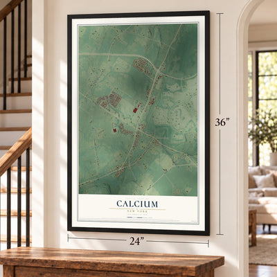 Calcium, New York map, 24 x 36 inch print in a black frame by a staircase