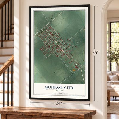 Monroe City, Indiana map, 24 x 36 inch print in a black frame by a staircase