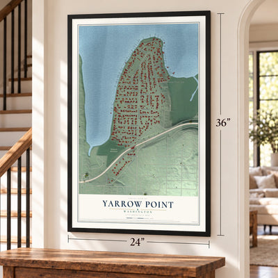 Yarrow Point, Washington map, 24 x 36 inch print in a black frame by a staircase