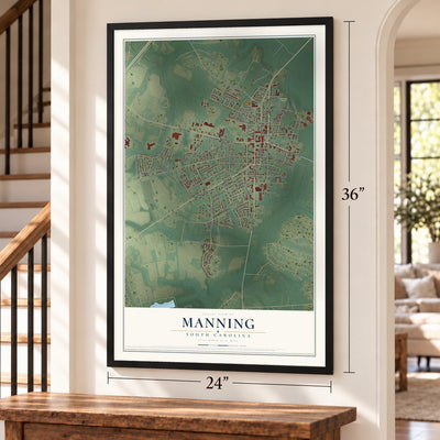 Manning, South Carolina map, 24 x 36 inch print in a black frame by a staircase