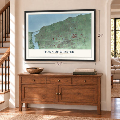 Town of Webster, New York map, 24 x 36 inch print in a black frame above a dresser by a staircase
