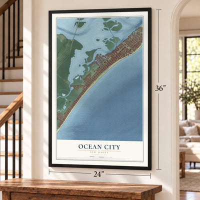 Ocean City, New Jersey map, 24 x 36 inch print in a black frame by a staircase