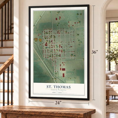 St. Thomas, North Dakota map, 24 x 36 inch print in a black frame by a staircase