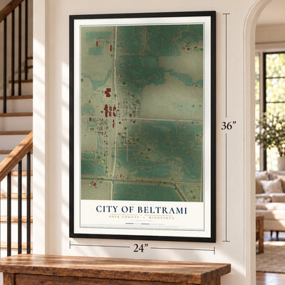 Beltrami, Minnesota map, 24 x 36 inch print in a black frame by a staircase