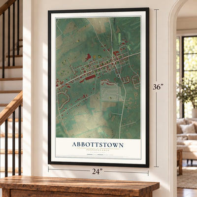 Abbottstown, Pennsylvania map, 24 x 36 inch print in a black frame by a staircase
