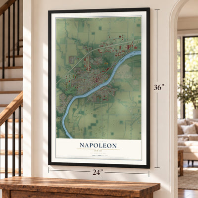 Napoleon, Ohio map, 24 x 36 inch print in a black frame by a staircase