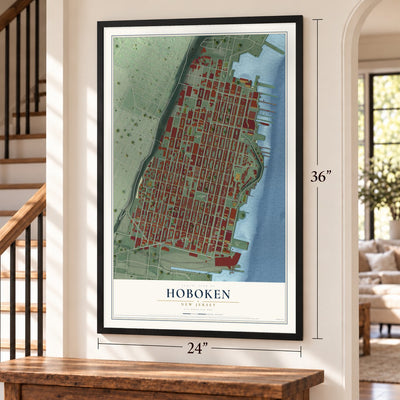 Hoboken, New Jersey map, 24 x 36 inch print in a black frame by a staircase