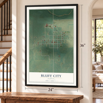 Bluff City, Kansas map, 24 x 36 inch print in a black frame by a staircase