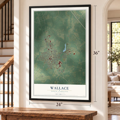 Wallace, North Carolina map, 24 x 36 inch print in a black frame by a staircase