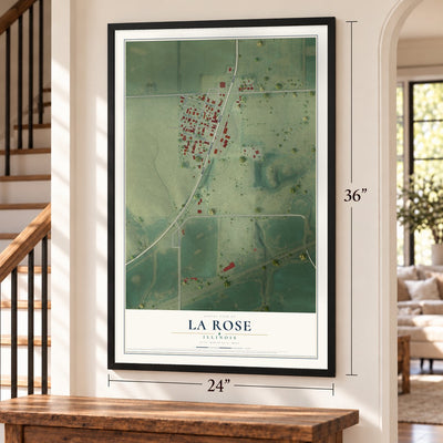La Rose, Illinois map, 24 x 36 inch print in a black frame by a staircase