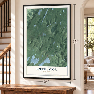 Speculator, New York map, 24 x 36 inch print in a black frame by a staircase