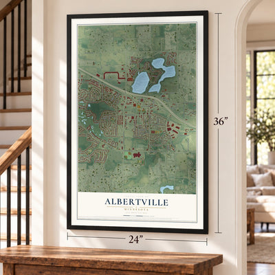 Albertville, Minnesota map, 24 x 36 inch print in a black frame by a staircase