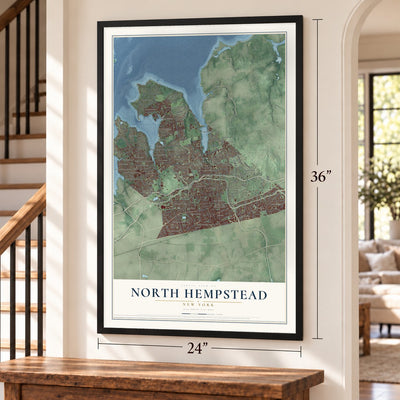 North Hempstead, New York map, 24 x 36 inch print in a black frame by a staircase