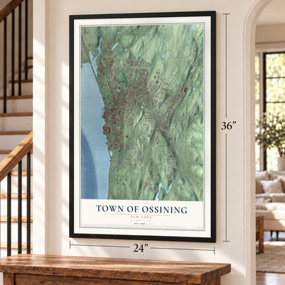 Town of Ossining, New York map, 24 x 36 inch print in a black frame by a staircase
