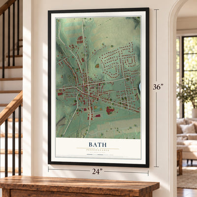 Bath, Pennsylvania map, 24 x 36 inch print in a black frame by a staircase