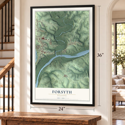 Forsyth, Missouri map, 24 x 36 inch print in a black frame by a staircase