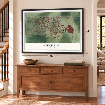 Assumption, Illinois map, 24 x 36 inch print in a black frame above a dresser by a staircase