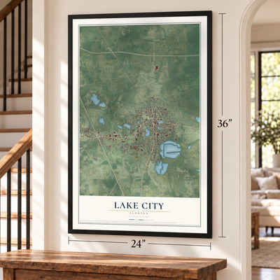 Lake City, Florida map, 24 x 36 inch print in a black frame by a staircase