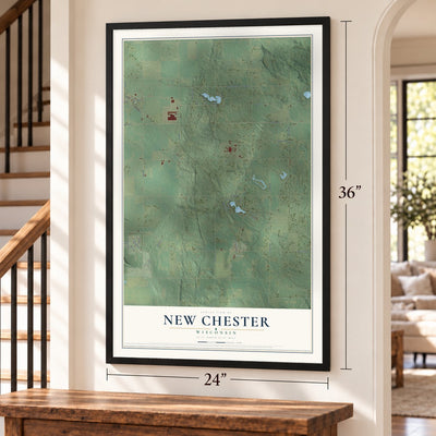New Chester, Wisconsin map, 24 x 36 inch print in a black frame by a staircase