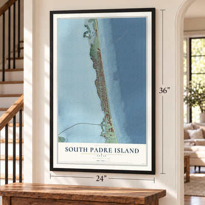 South Padre Island, Texas map, 24 x 36 inch print in a black frame by a staircase