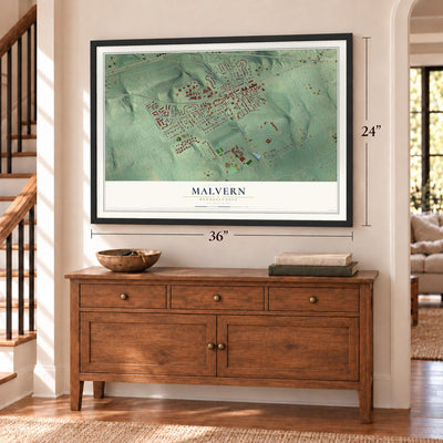 Malvern, Pennsylvania map, 24 x 36 inch print in a black frame above a dresser by a staircase