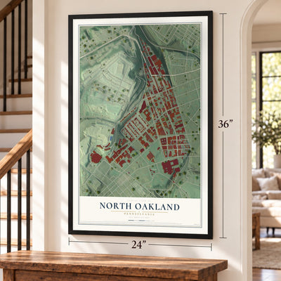 North Oakland, Pennsylvania map, 24 x 36 inch print in a black frame by a staircase