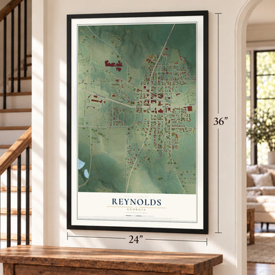 Reynolds, Georgia map, 24 x 36 inch print in a black frame by a staircase
