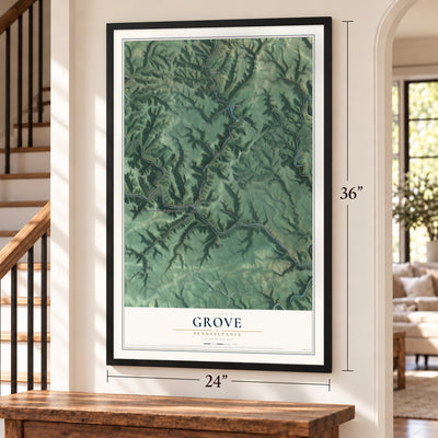 Grove, Pennsylvania map, 24 x 36 inch print in a black frame by a staircase