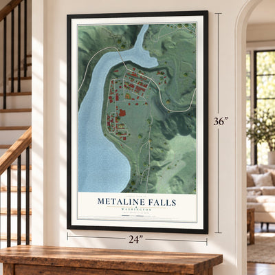 Metaline Falls, Washington map, 24 x 36 inch print in a black frame by a staircase