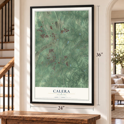 Calera, Alabama map, 24 x 36 inch print in a black frame by a staircase