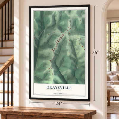Graysville, Ohio map, 24 x 36 inch print in a black frame by a staircase