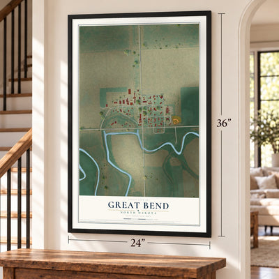 Great Bend, North Dakota map, 24 x 36 inch print in a black frame by a staircase