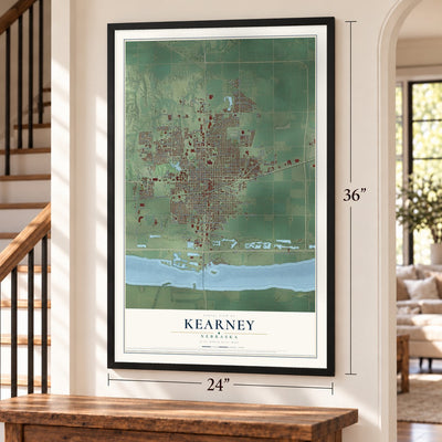 Kearney, Nebraska map, 24 x 36 inch print in a black frame by a staircase